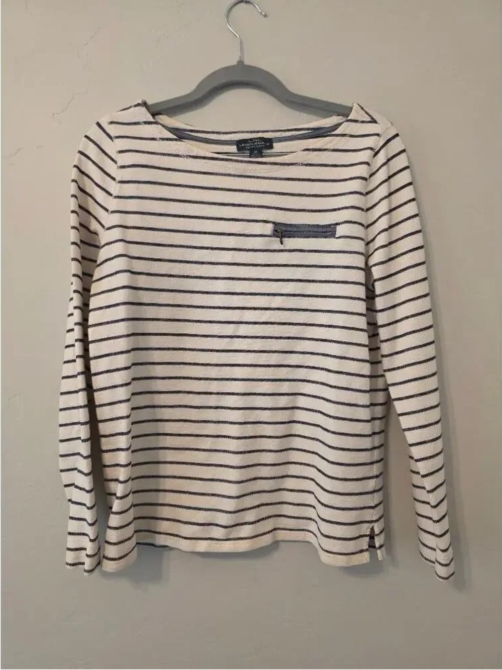 Tommy Hilfiger White Long-Sleeve Striped Boatneck Top with Navy Trim